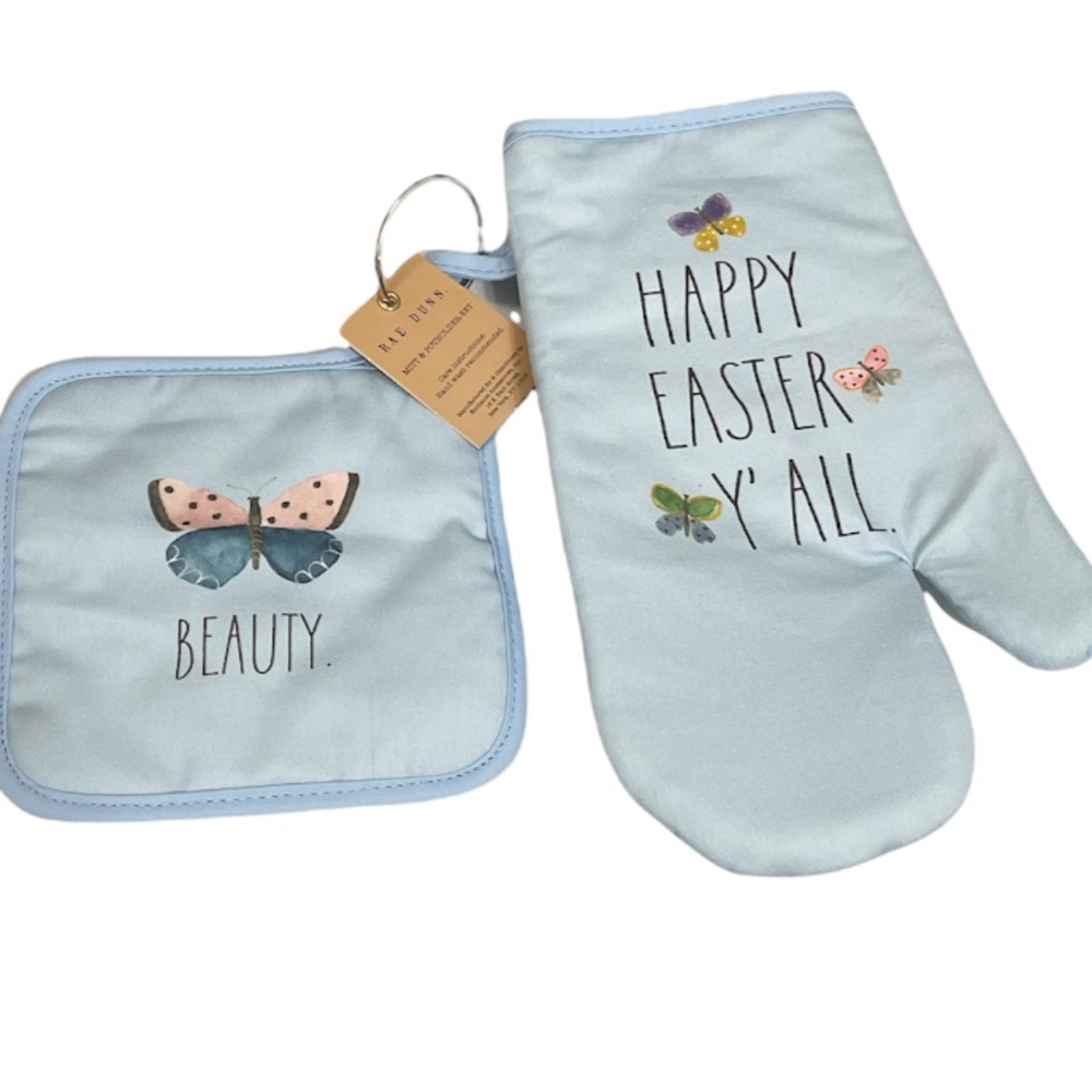 NEW Rae Dunn 🦋HAPPY EASTER Y’All Mitt/ 🦋 BEAUTY Potholder Set🦋